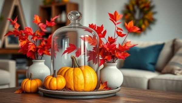 Styles Showcase 360: Autumn decor with pumpkins and leaves indoors.