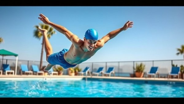 Diver in mid-air at pool during take it easy days event
