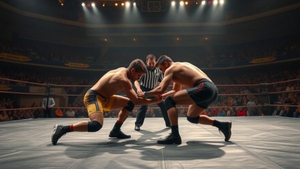 Youth wrestling techniques demonstrated in a competitive match.