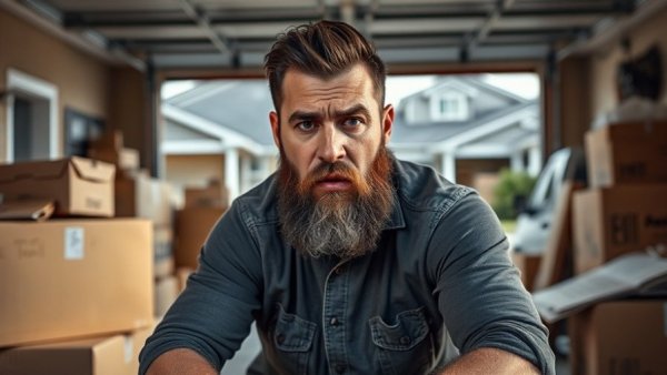 Worried homeowner surrounded by moving boxes in garage