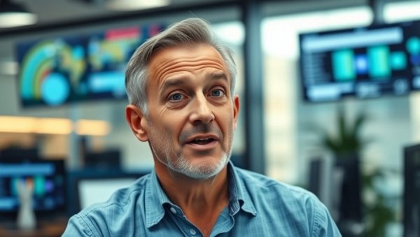 Middle-aged man discussing crypto for US expats 2026 in a modern office.