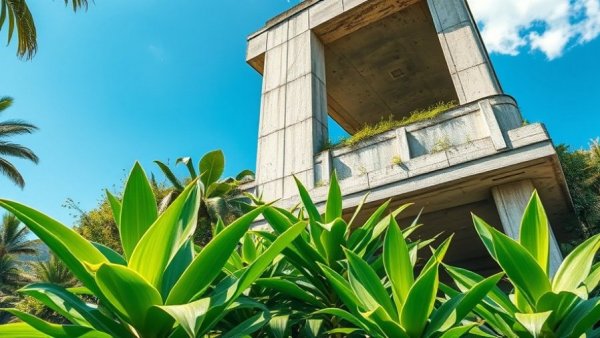 Brutalist architecture with lush tropical greenery under bright blue sky.