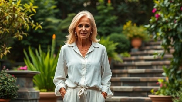 European linen fashion over 50: stylish woman in garden.
