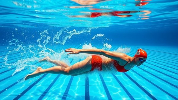 Swimmer in red swimsuit finishing past the hips underwater.