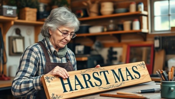 Older woman crafting farmhouse Christmas sign in a workshop.