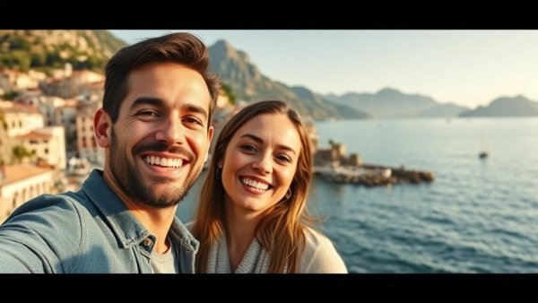 Travel to Bologna: Smiling couple by scenic waterfront