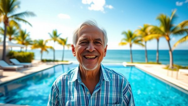 Retiring in Thailand: Happy man at tropical poolside