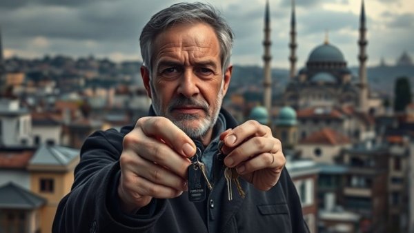 Man holding keys, selling my home in Istanbul backdrop