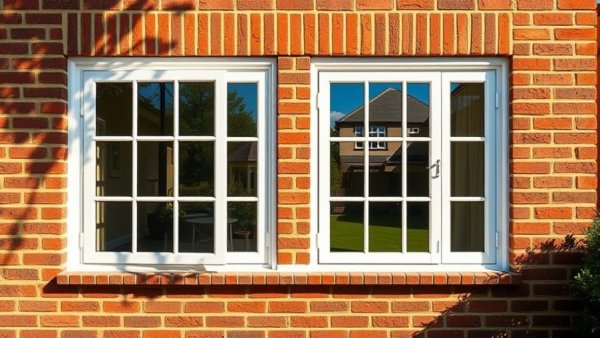 DIY English-style sliding window on brick wall with text.