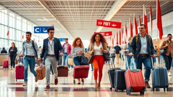 Americans preparing to leave the US in vibrant airport scene.