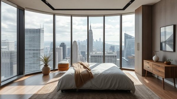 Modern bedroom design with stunning urban view