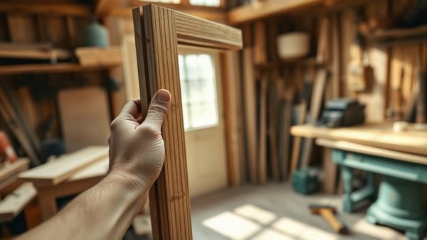 DIY wooden door construction in progress at a workshop.