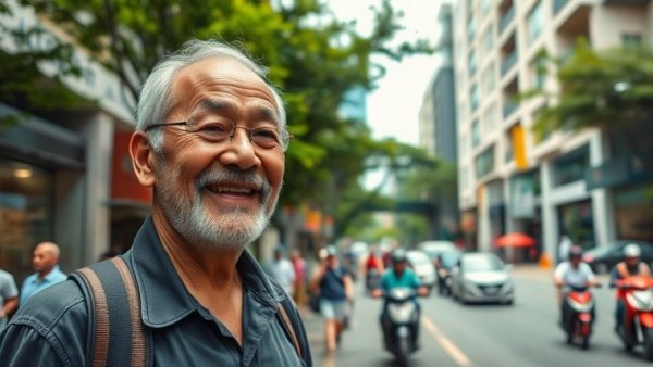 Vibrant street in Da Nang with an older man smiling, living in Da Nang Vietnam on $2261 a Month.