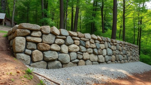 DIY retaining wall construction with gravel base in forest setting