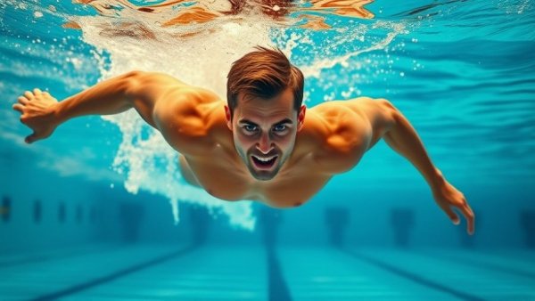 Athlete flexibility training: swimmer gliding underwater in a pool.
