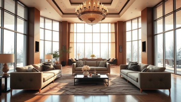 Hidden features in home design: luxurious living room with chandelier and sunlight.