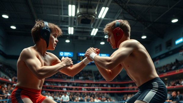 Youth Wrestling Competitions match with two young athletes competing.