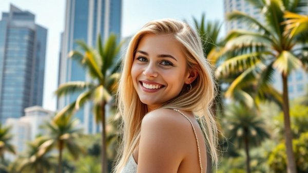 Cheerful woman in front of cityscape, '15 countries to move to' text.