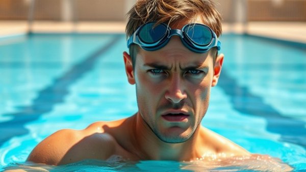 Swimmer frustrated with foggy goggles near poolside