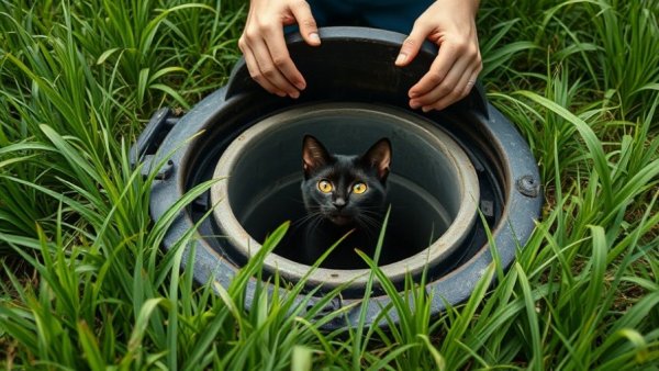 DIY septic system inspection with black cat in tank