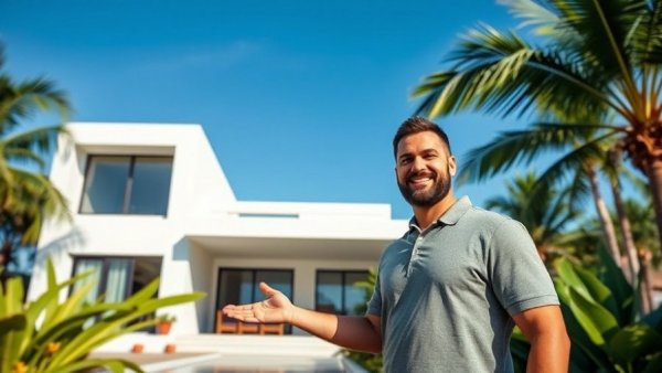 Hua Hin homes modern villa with pool and man presenting