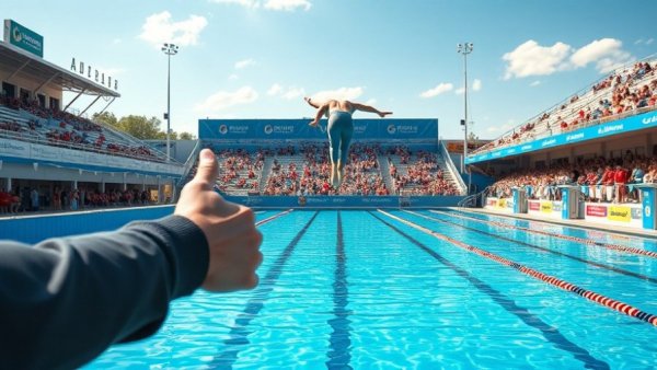 Life is much more colorful when you swim; vibrant outdoor swim meet scene.