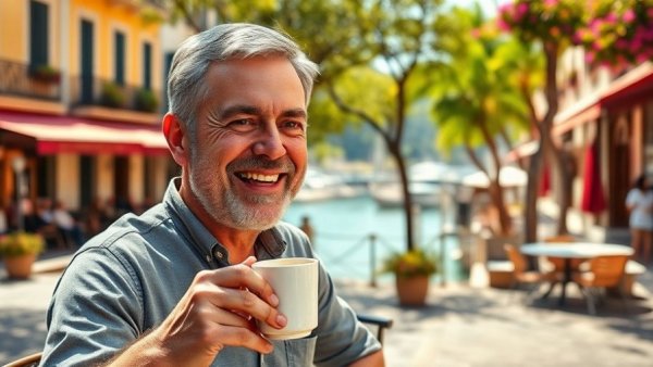 Cheerful man enjoying coffee in European-style plaza, affordable lifestyle.