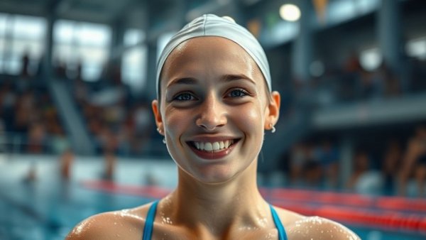 Young swimmer smiling after 50 split time.