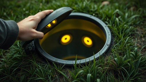 DIY Septic System mystery, person reveals glowing eyes in septic tank.