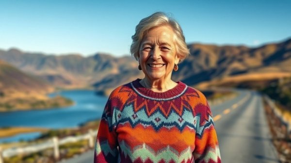 Middle-aged woman on a scenic road trip detouring through Scotland to England.