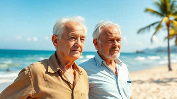 Couple pondering life in Hua Hin, beach background, for women over 50.