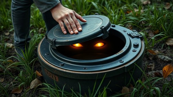 Opening a septic tank showing glowing eyes inside, DIY Septic System for Your Home.