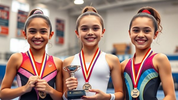 Young gymnasts celebrating 2026 Russian Junior Championships results.