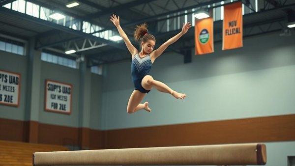 Gymnast on a balance beam performing a leap in a gymnastics facility