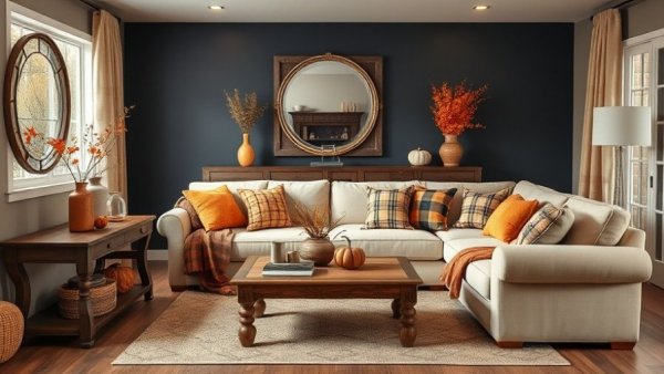 Cozy living room with warm fall decor ideas and plush cushions.