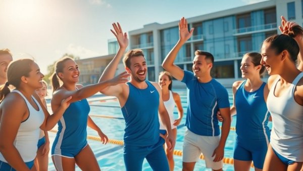 Cheerful group poolside celebrating homeownership.