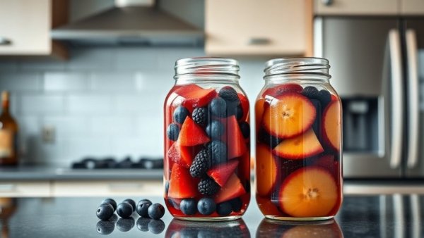 Homemade fruit and berry wine jars in kitchen setting