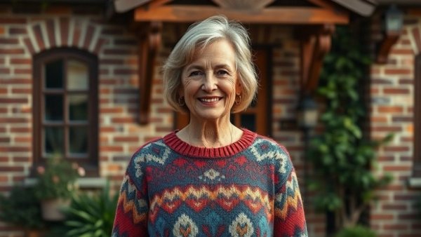 Smiling woman in colorful sweater at rustic house