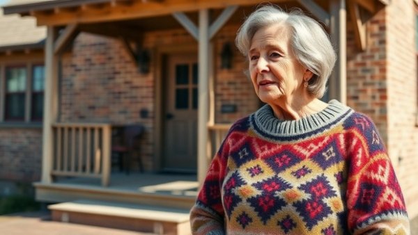 Older woman in colorful sweater talking outside a rustic house