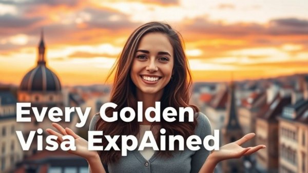 Golden Visa programs in Europe explained with smiling woman and cityscape.