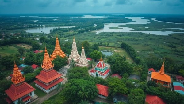 Aerial view of a vibrant Cambodian village with pagodas and greenery, highlighting life in Cambodia.
