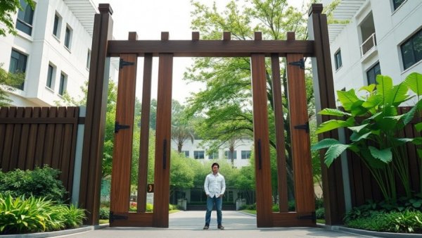 Modern entrance with scenic views, featuring lush greenery.