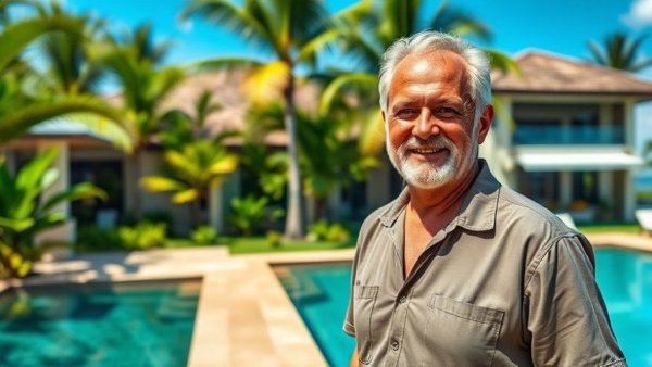 Life for Retirees in Thailand: Happy older man by a poolside villa.