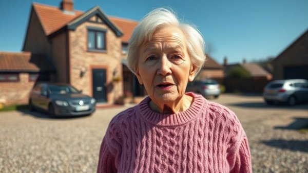 Elderly woman discussing free housing in Europe near a brick house.
