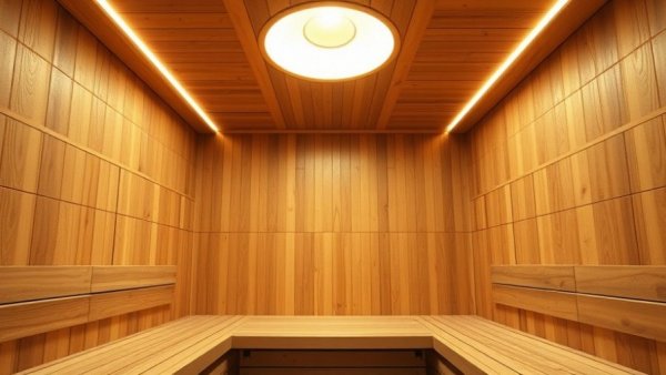 Insulated sauna interior with wooden panels and bright light