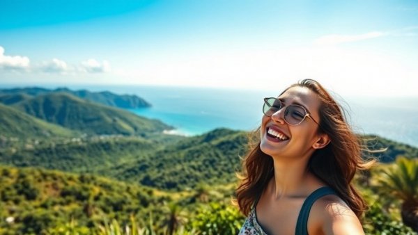 Smiling woman in Tenerife enjoying scenic ocean view highlighting affordable living.
