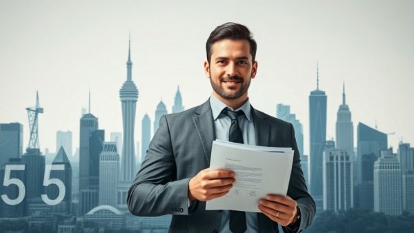 Confident businessman holding document in front of international cityscape background.