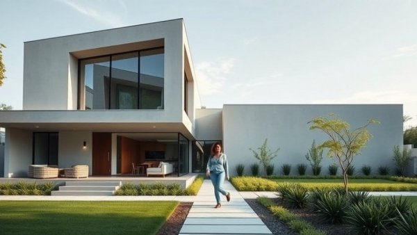 Modern home design with sleek facade and geometric lines, statement staircase home design.