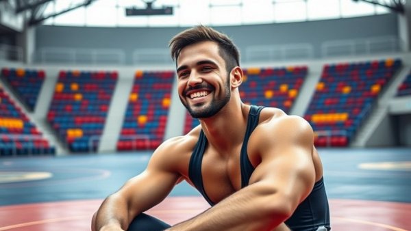 Athlete relaxing on wrestling mat in acclimation camp gym.