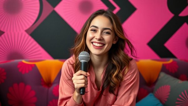 Young woman discusses benefits of reverse running in vibrant setting.